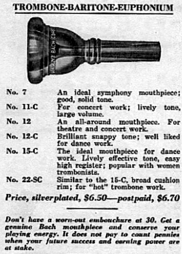 1938 Bach Trombone Mouthpiece Catalog Page